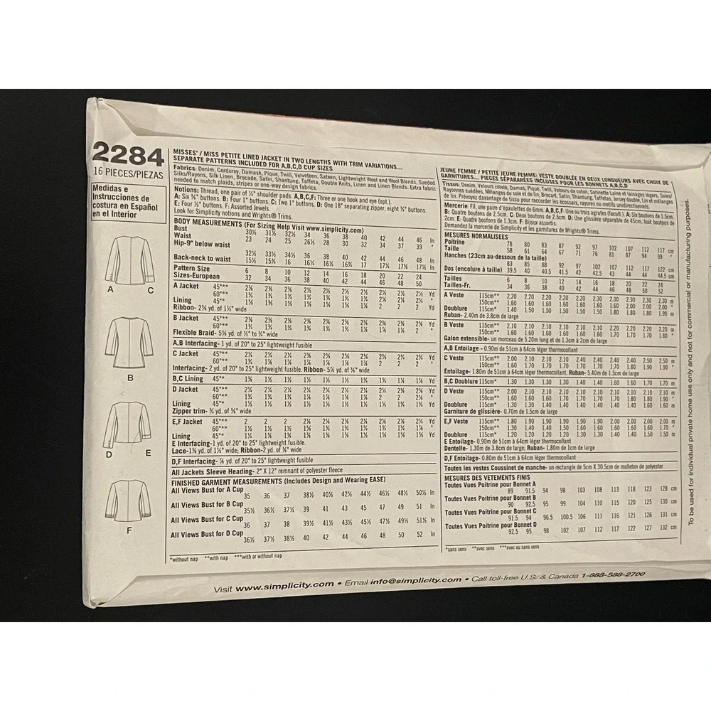 00177 - Simplicity 2284 Misses Petite Lined Jacket Sewing‎ Pattern Size H5